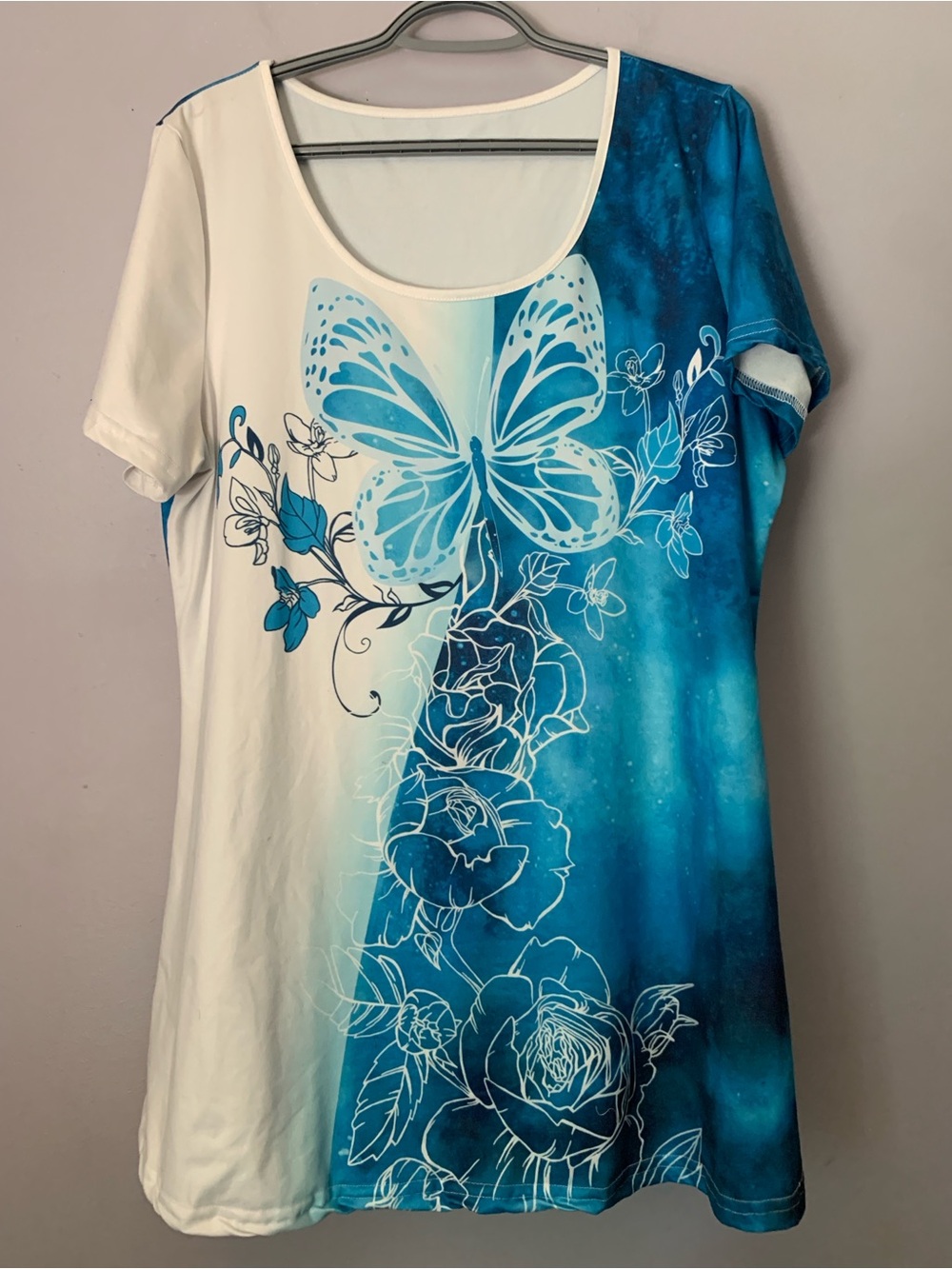 Blue Butterfly & Floral Scoop Neck Short Sleeve Top and Leggings 2XL